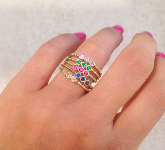 Round Red Garnet Three Stone Simple Stacking Bezel Ring - H.L.Jewelry