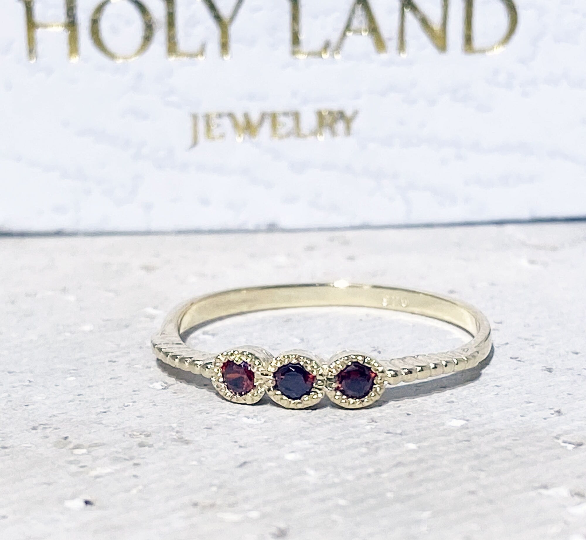 Round Red Garnet Three Stone Simple Stacking Bezel Ring - H.L.Jewelry
