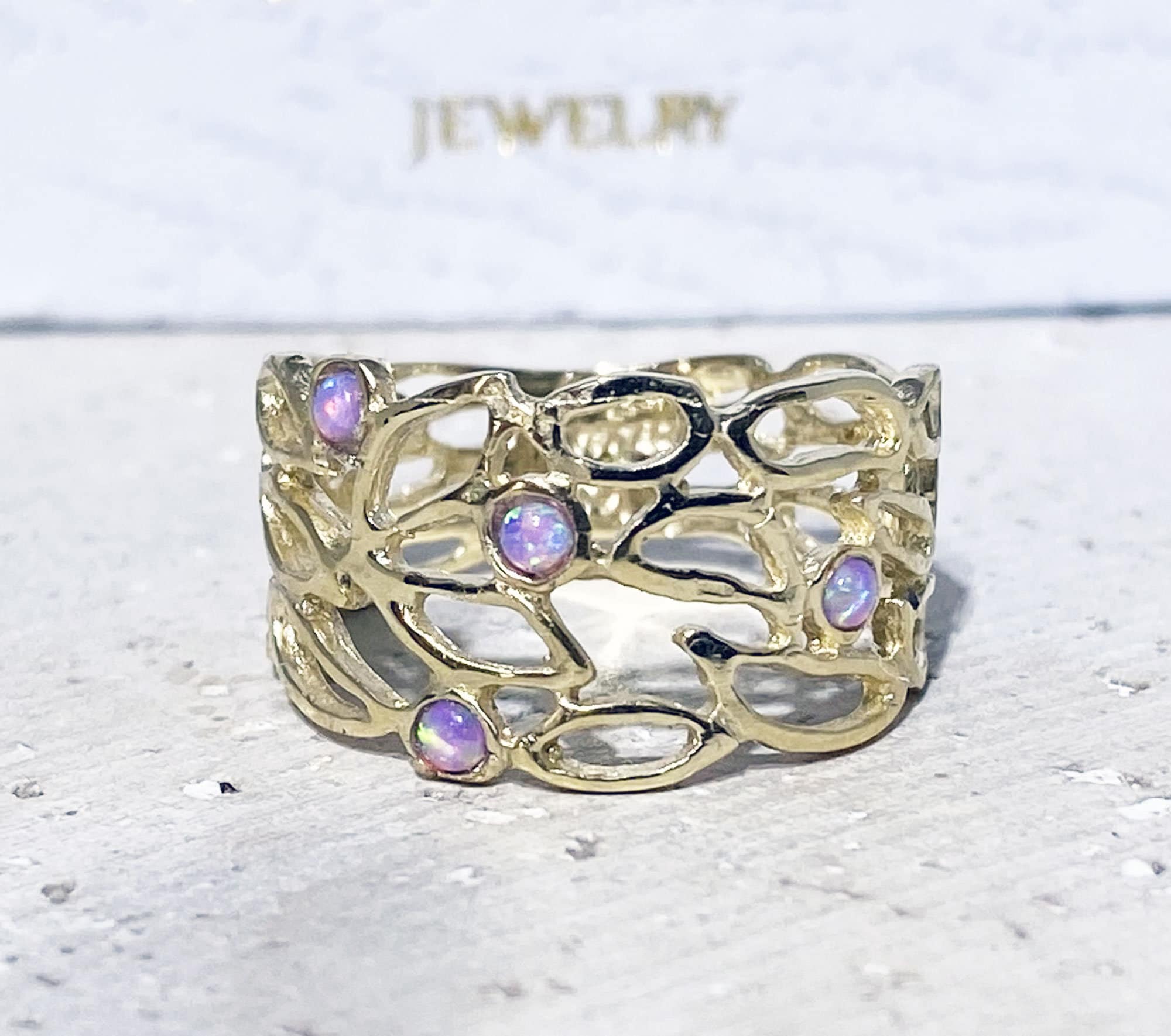 Round Rose Opal Four Stone Wide Lace Ring - H.L.Jewelry