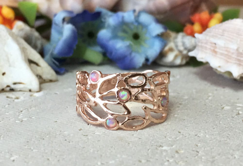 Round Rose Opal Four Stone Wide Lace Ring - H.L.Jewelry