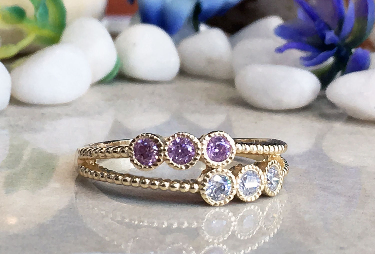 Round Rose Quartz & Clear Quartz Six-Stone Dual Ring Set - H.L.Jewelry