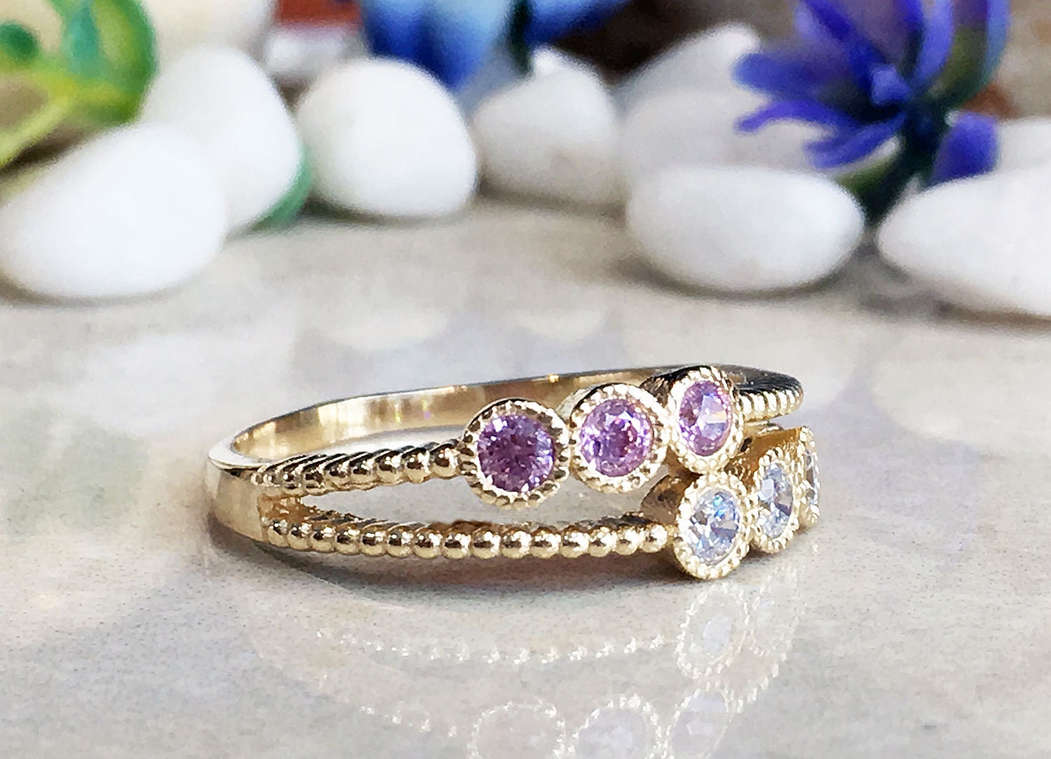 Round Rose Quartz & Clear Quartz Six-Stone Dual Ring Set - H.L.Jewelry