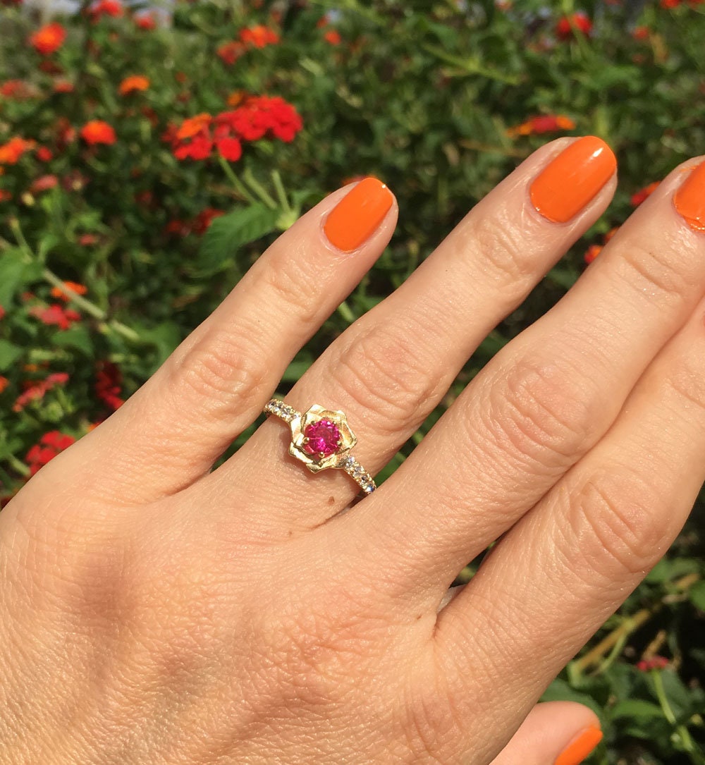 Round Ruby Camellia Ring with Clear Quartz Accents - H.L.Jewelry