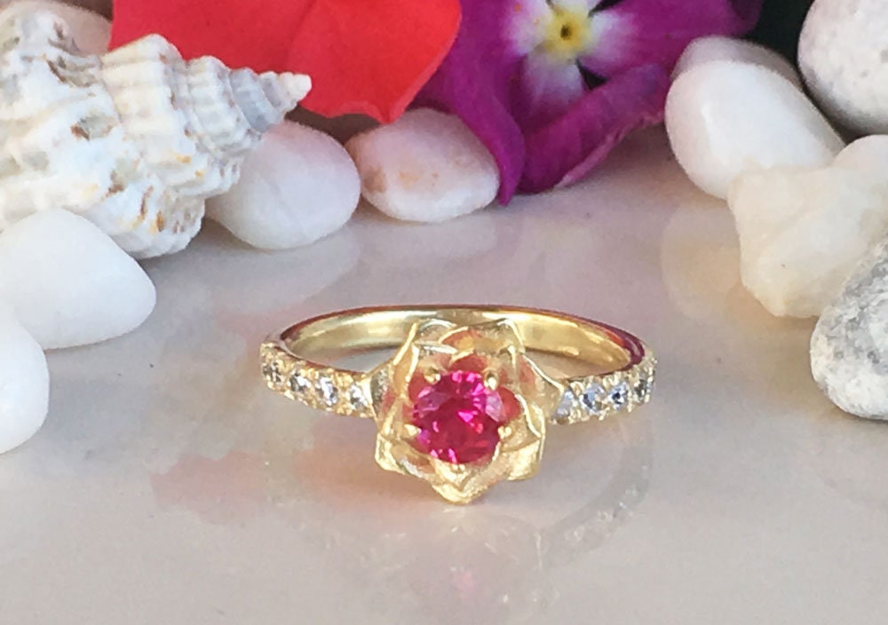Round Ruby Camellia Ring with Clear Quartz Accents - H.L.Jewelry