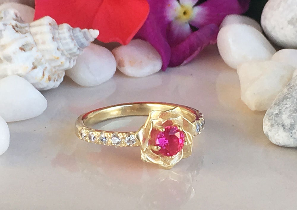 Round Ruby Camellia Ring with Clear Quartz Accents - H.L.Jewelry