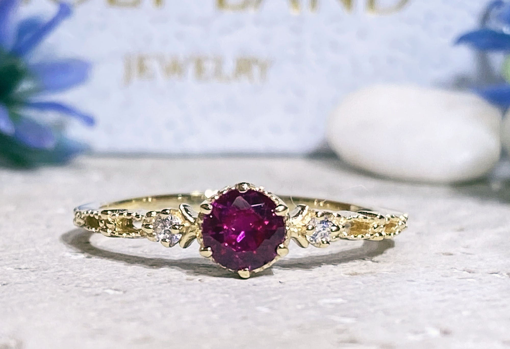 Round Ruby Delicate Ring with Clear Quartz Accents - H.L.Jewelry
