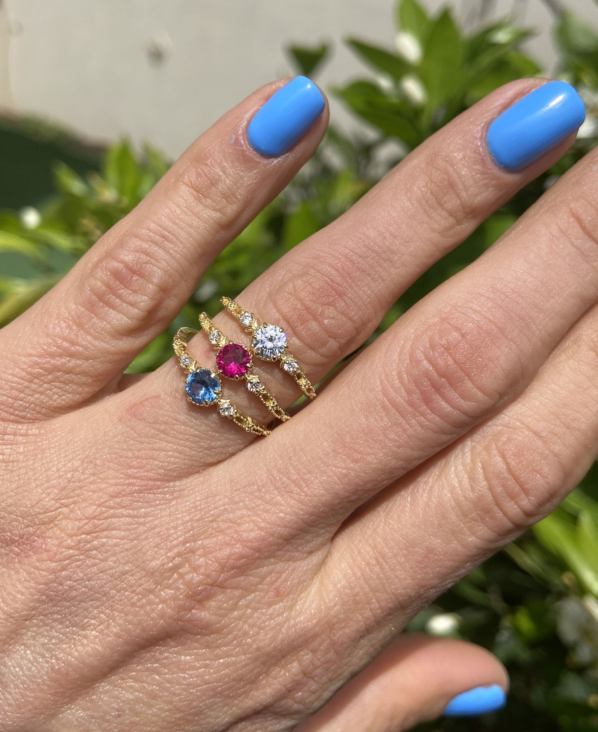 Round Ruby Delicate Ring with Clear Quartz Accents - H.L.Jewelry