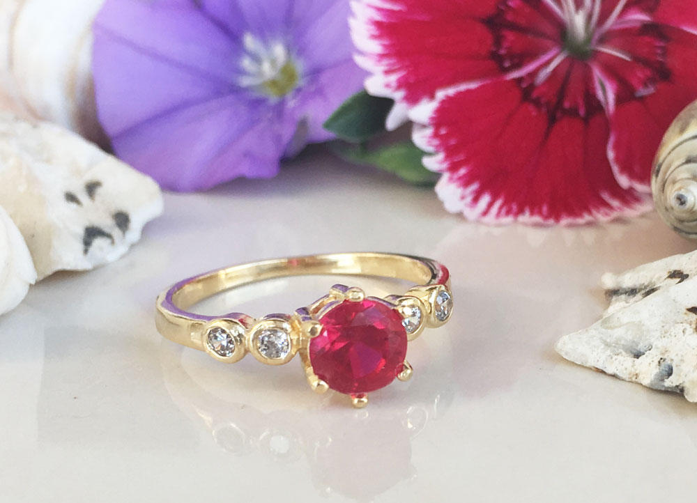 Round Ruby Delicate Ring with Clear Quartz Accents - H.L.Jewelry