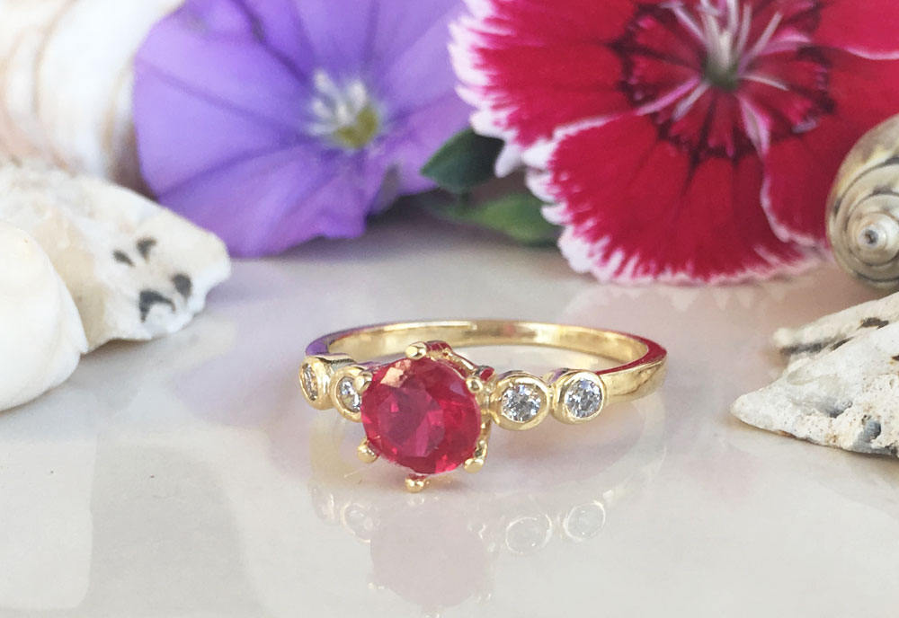 Round Ruby Delicate Ring with Clear Quartz Accents - H.L.Jewelry