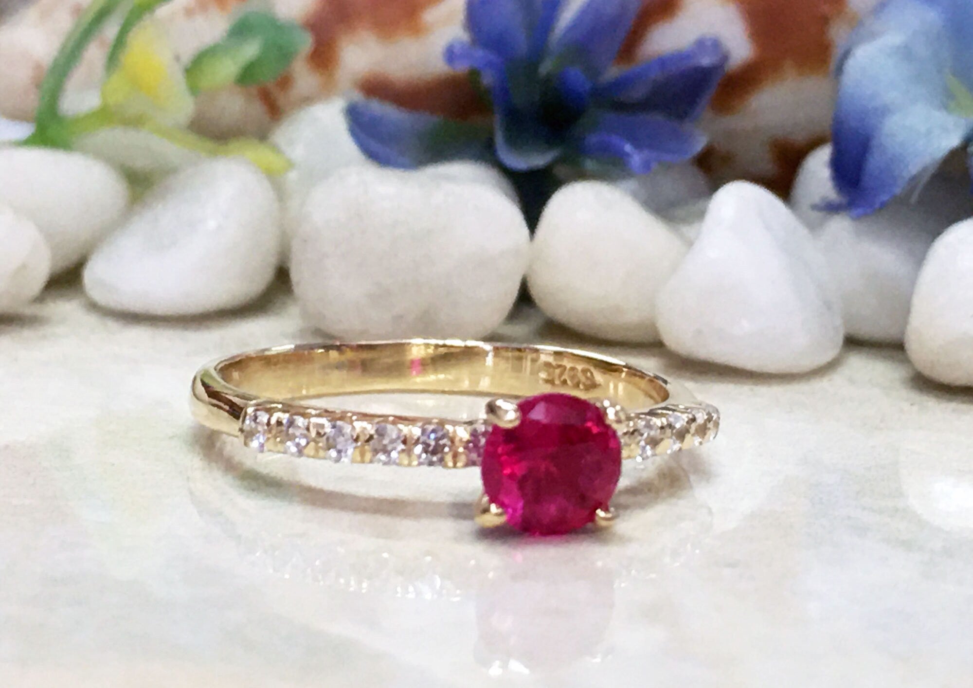 Round Ruby Delicate Ring with Clear Quartz Accents - H.L.Jewelry