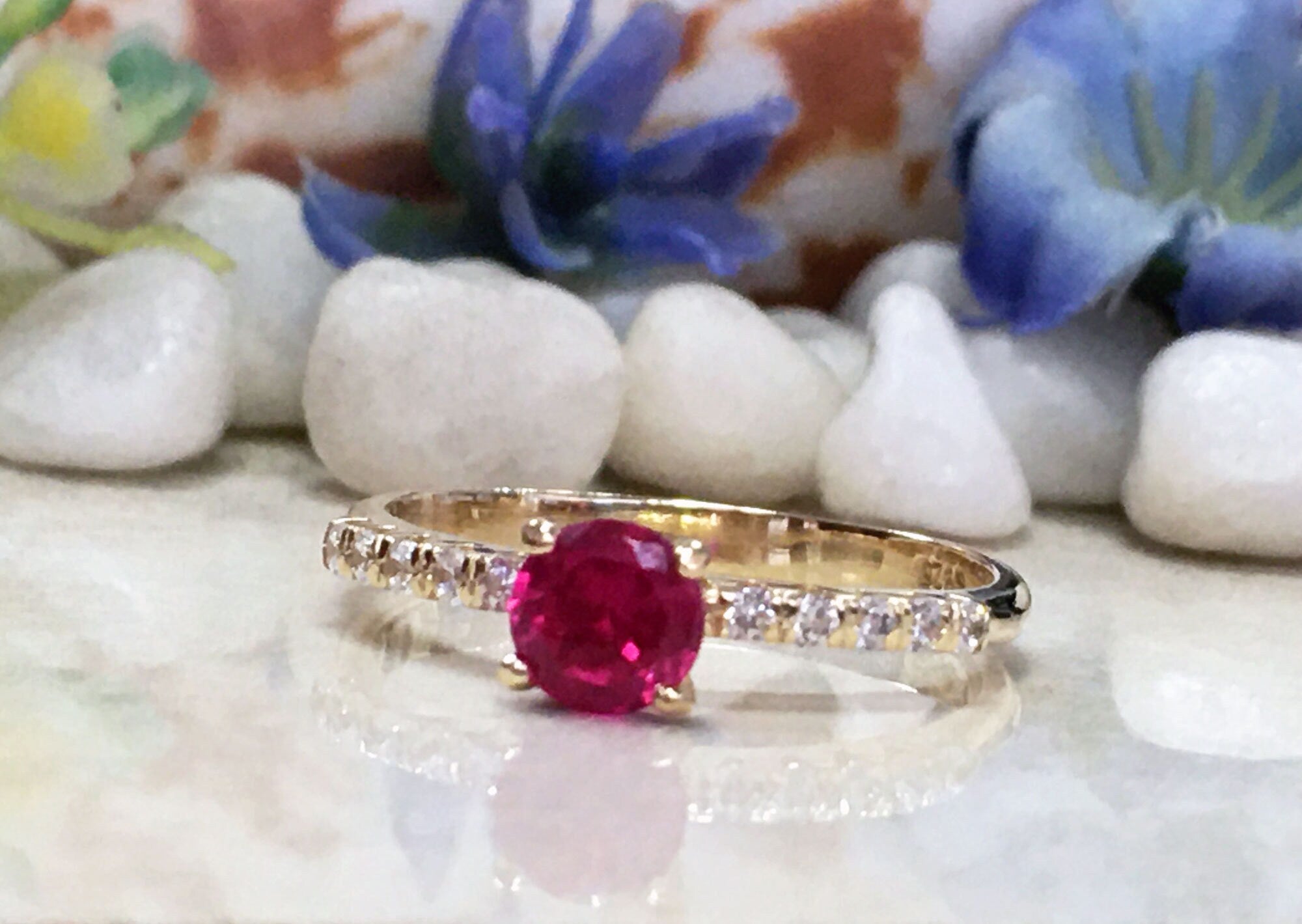 Round Ruby Delicate Ring with Clear Quartz Accents - H.L.Jewelry