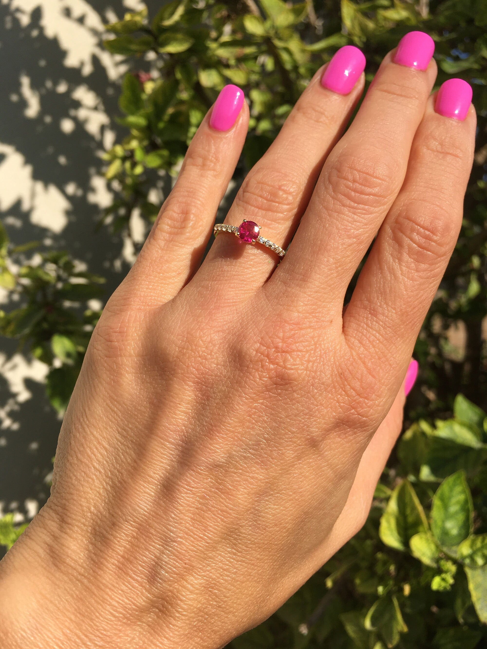 Round Ruby Delicate Ring with Clear Quartz Accents - H.L.Jewelry
