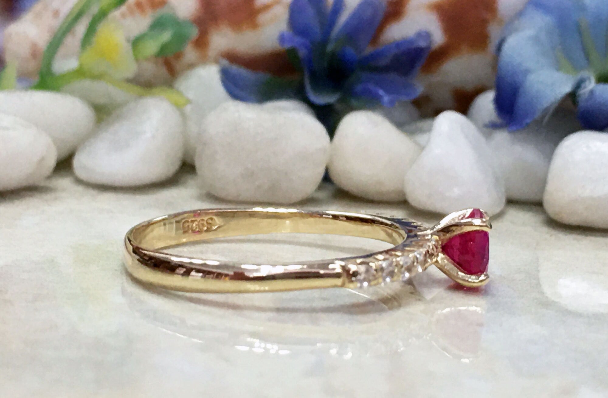 Round Ruby Delicate Ring with Clear Quartz Accents - H.L.Jewelry