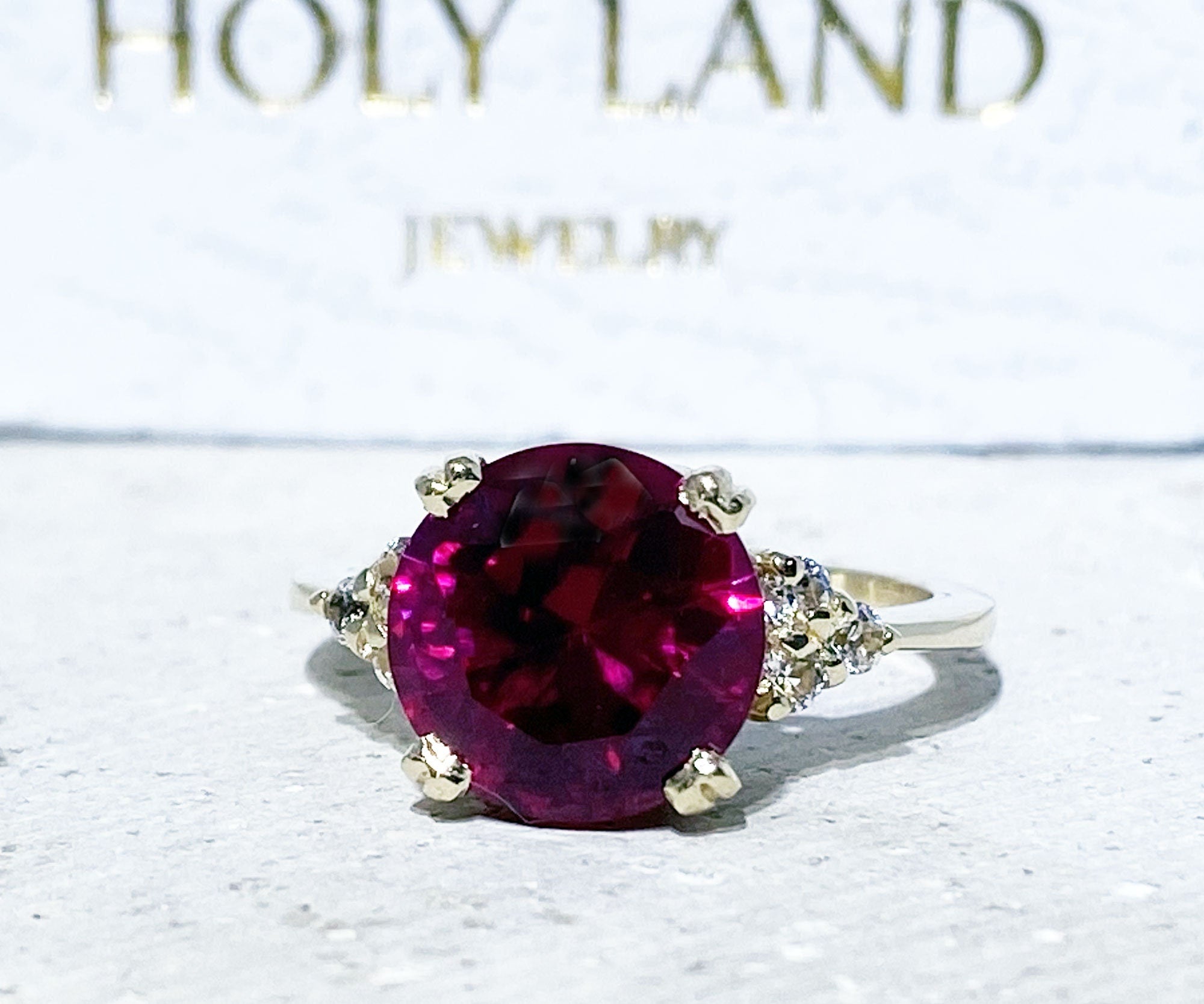 Round Ruby Engagement Ring with Clear Quartz Accents - H.L.Jewelry