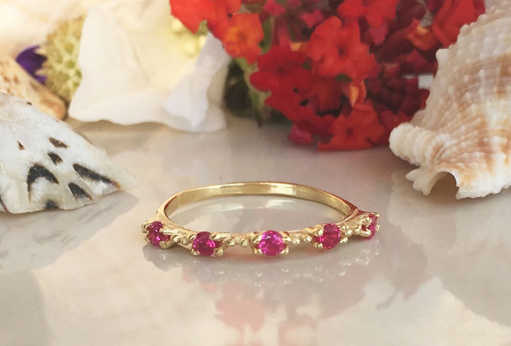 Round Ruby Five-Stone Simple Stacking Ring - H.L.Jewelry