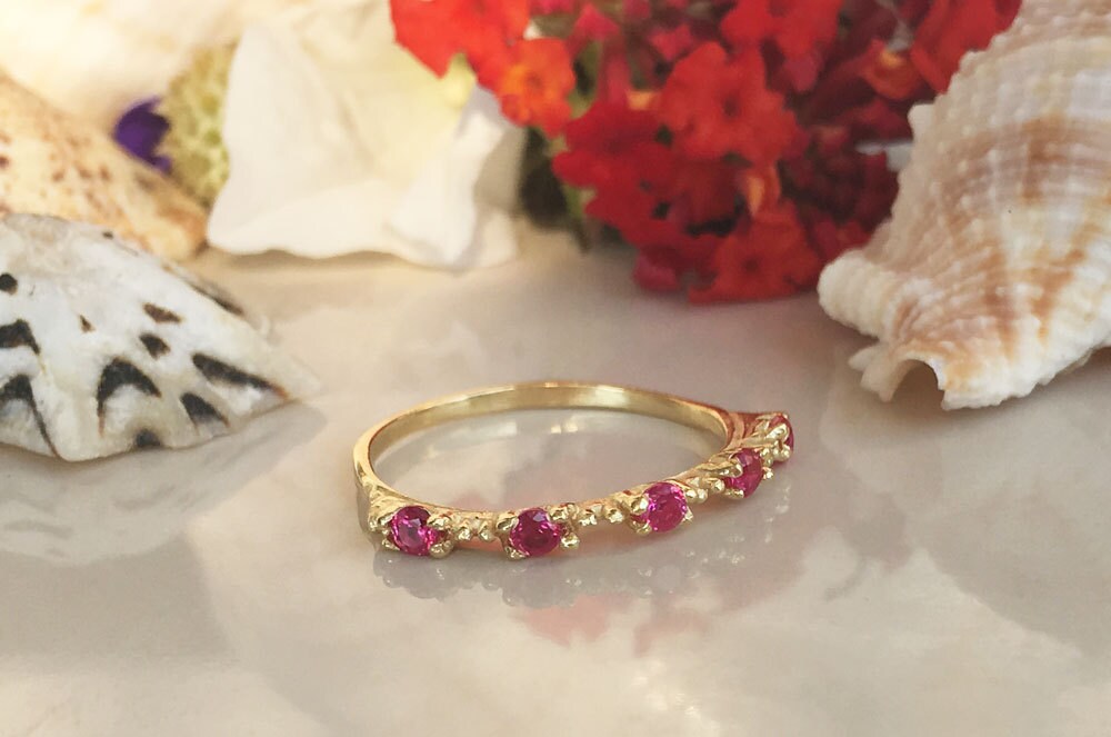 handmade ruby stone stacking ring delicate... Round Ruby Five Stone Stacking Ring - July Birthstone - H.L.Jewelry
