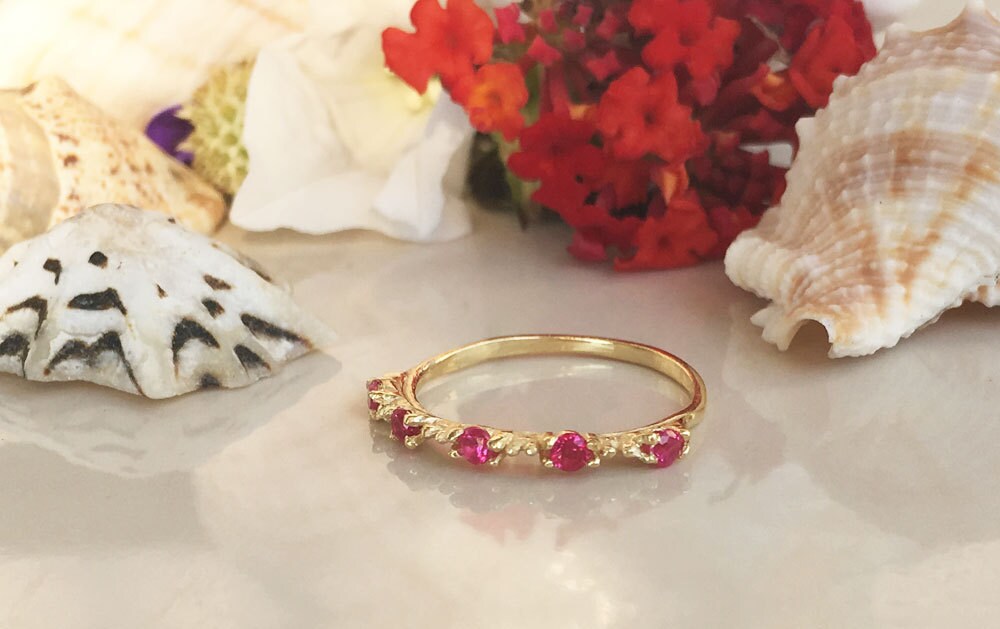 Round Ruby Five-Stone Simple Stacking Ring - H.L.Jewelry