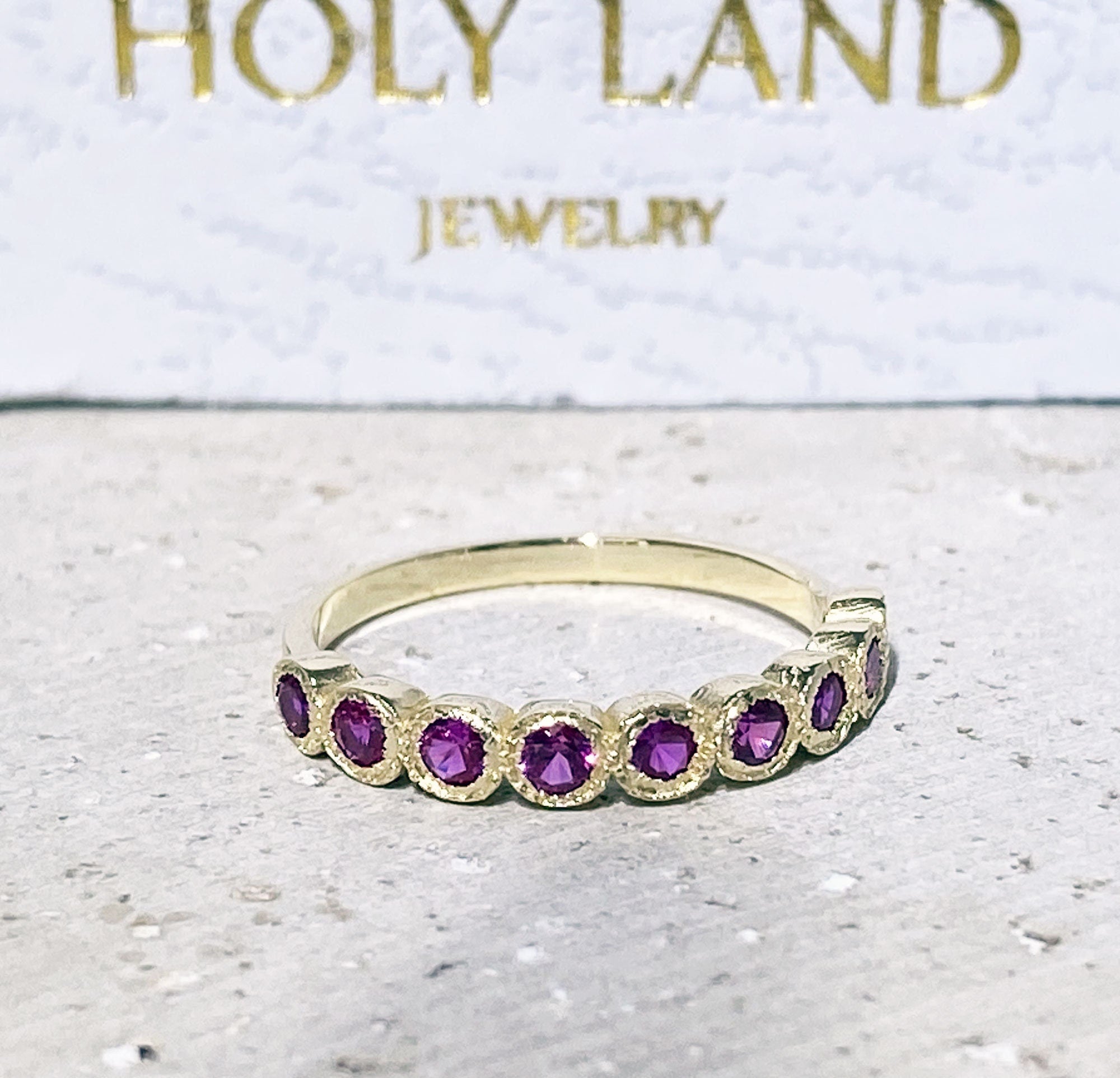 Round Ruby Nine-Stone Half Eternity Stacking Bezel Ring - H.L.Jewelry