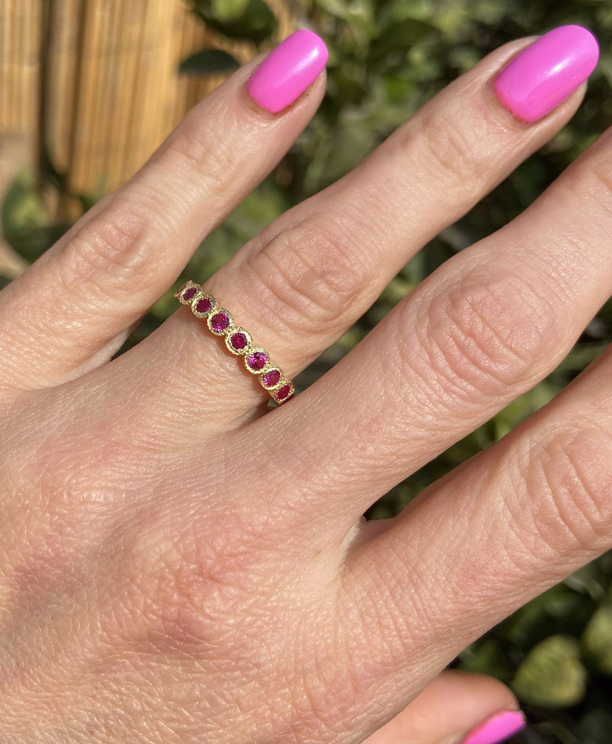 Round Ruby Nine-Stone Half Eternity Stacking Bezel Ring - H.L.Jewelry