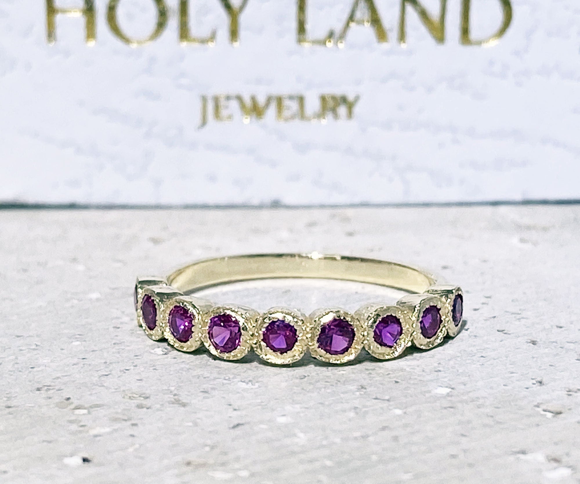 Round Ruby Nine-Stone Half Eternity Stacking Bezel Ring - H.L.Jewelry