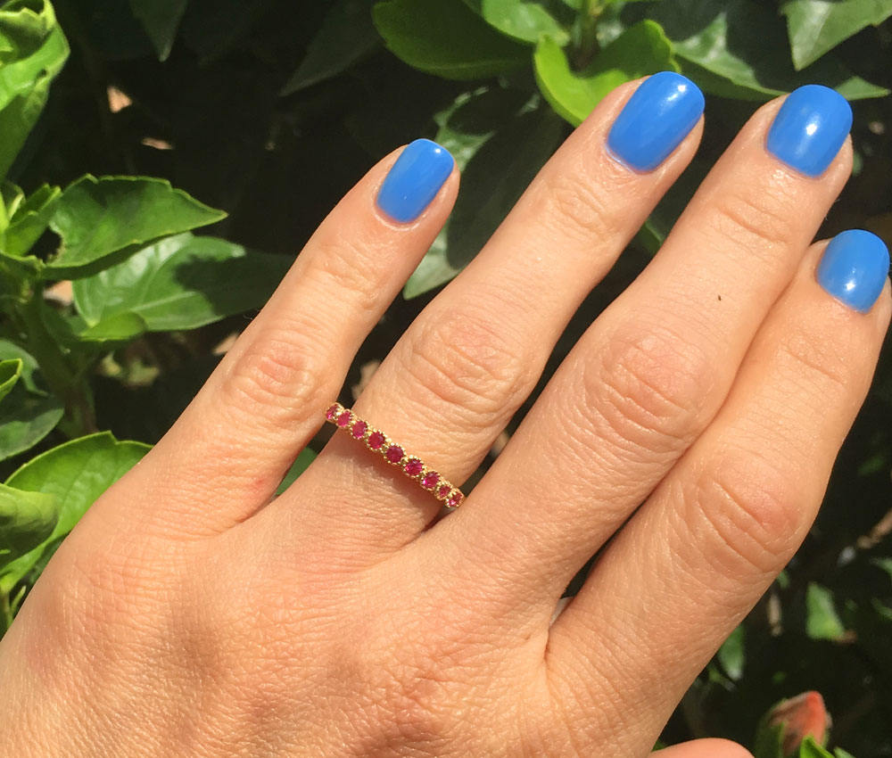Round Ruby Nine-Stone Stacking Half Eternity Bezel Ring - H.L.Jewelry