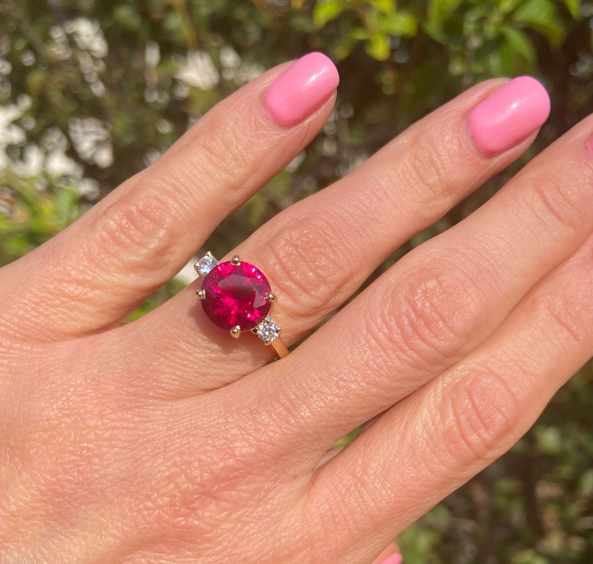 Round Ruby Statement Ring with Clear Quartz Accents - H.L.Jewelry