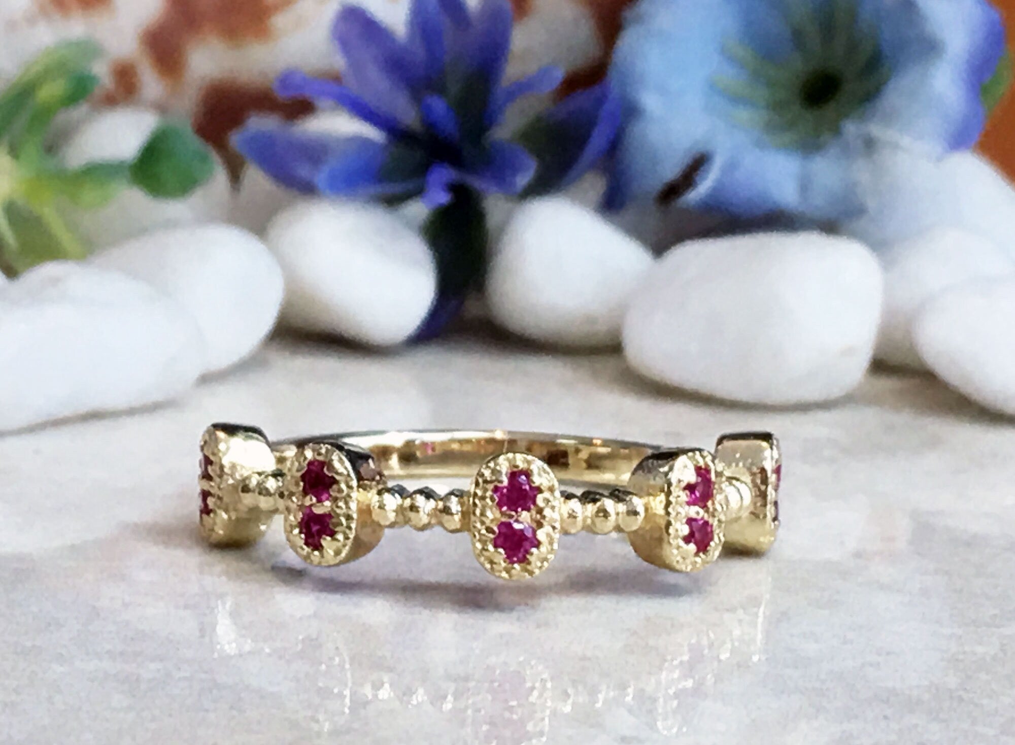 Round Ruby Ten-Stone Bezel Set Ring - H.L.Jewelry