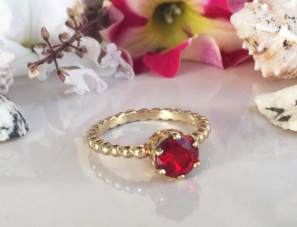 Round Ruby Vintage Beaded Band Ring - H.L.Jewelry