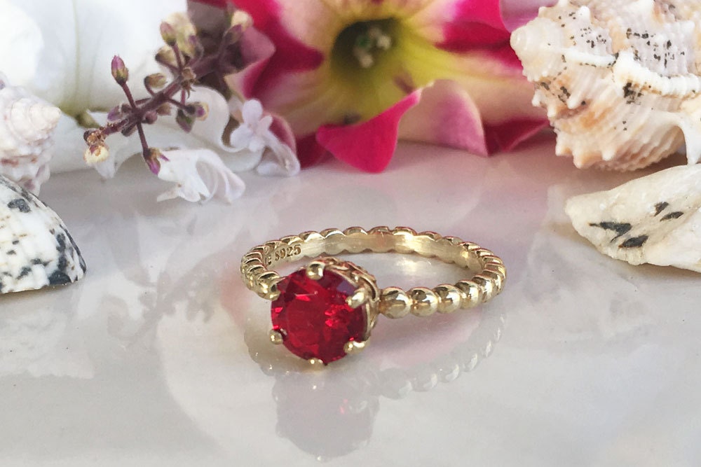 Round Ruby Vintage Beaded Band Ring - H.L.Jewelry