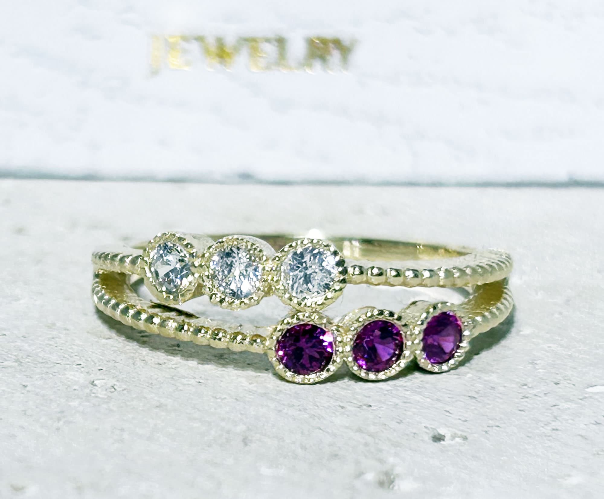 Round Ruby and Clear Quartz Gemstone Stackable Dual-Ring Set - H.L.Jewelry