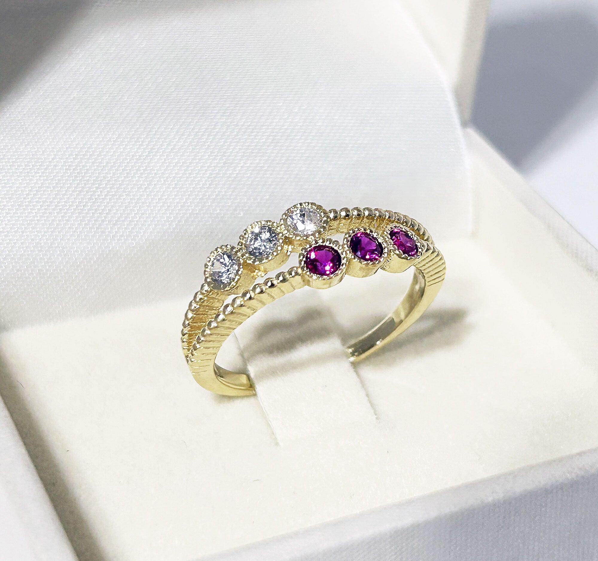 Round Ruby and Clear Quartz Gemstone Stackable Dual-Ring Set - H.L.Jewelry