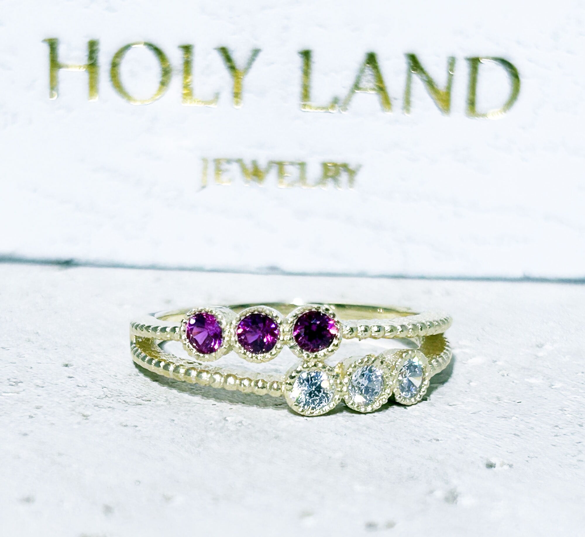 Round Ruby and Clear Quartz Gemstone Stackable Dual-Ring Set - H.L.Jewelry
