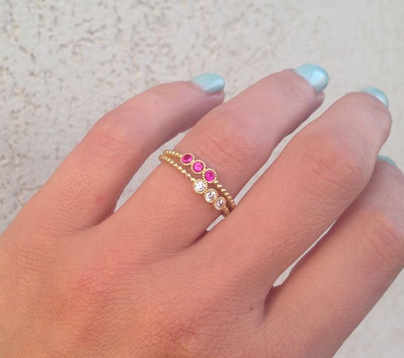 Round Ruby and Clear Quartz Gemstone Stackable Dual-Ring Set - H.L.Jewelry