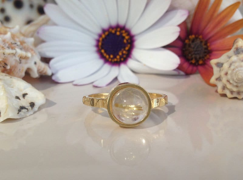 Round Rutilated Quartz Simple Bezel Hammered Band Ring - H.L.Jewelry