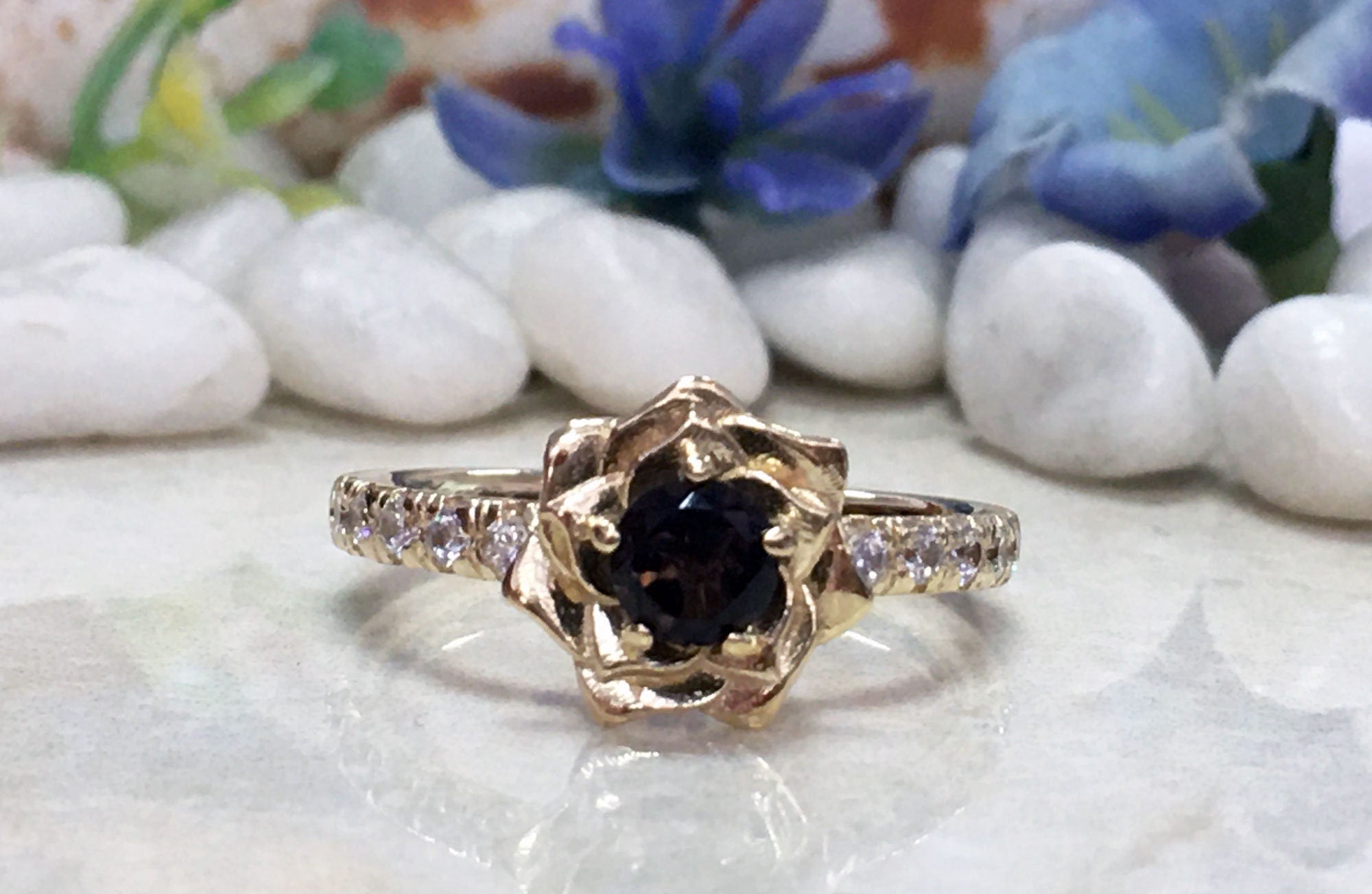 Round Smoky Quartz Camellia Ring with Clear Quartz Accents - H.L.Jewelry