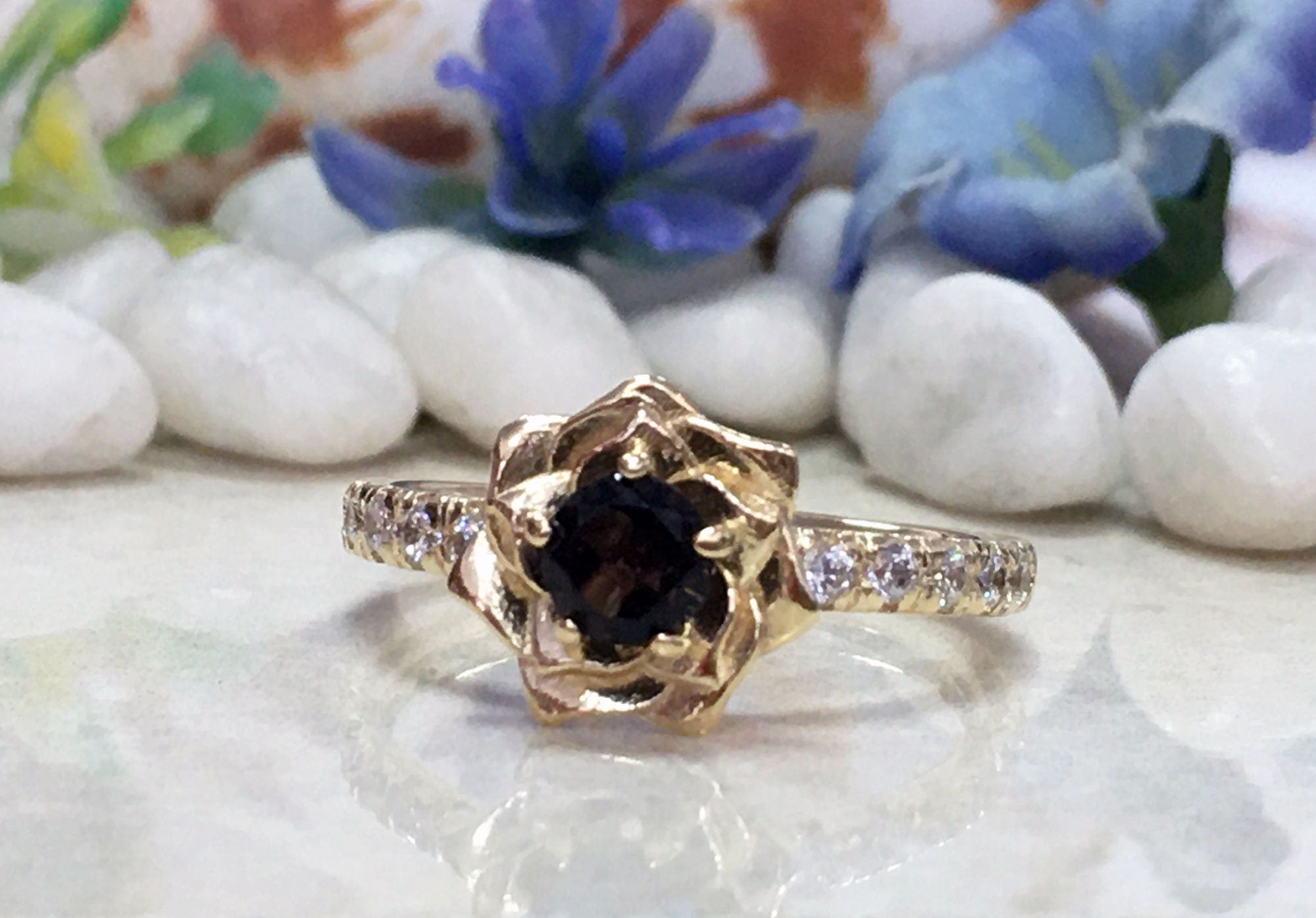 Round Smoky Quartz Camellia Ring with Clear Quartz Accents - H.L.Jewelry