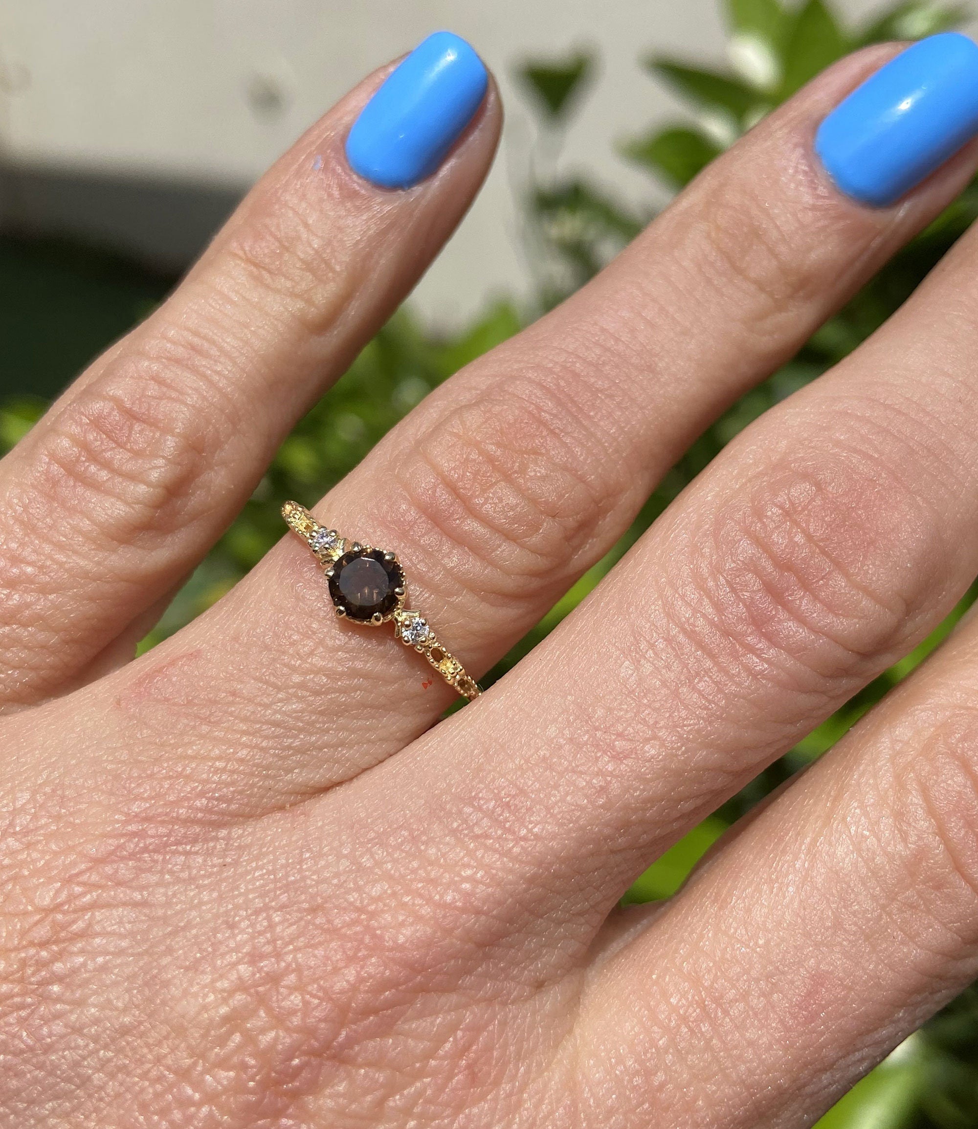 Round Smoky Quartz Delicate Ring with Clear Quartz Accents - H.L.Jewelry