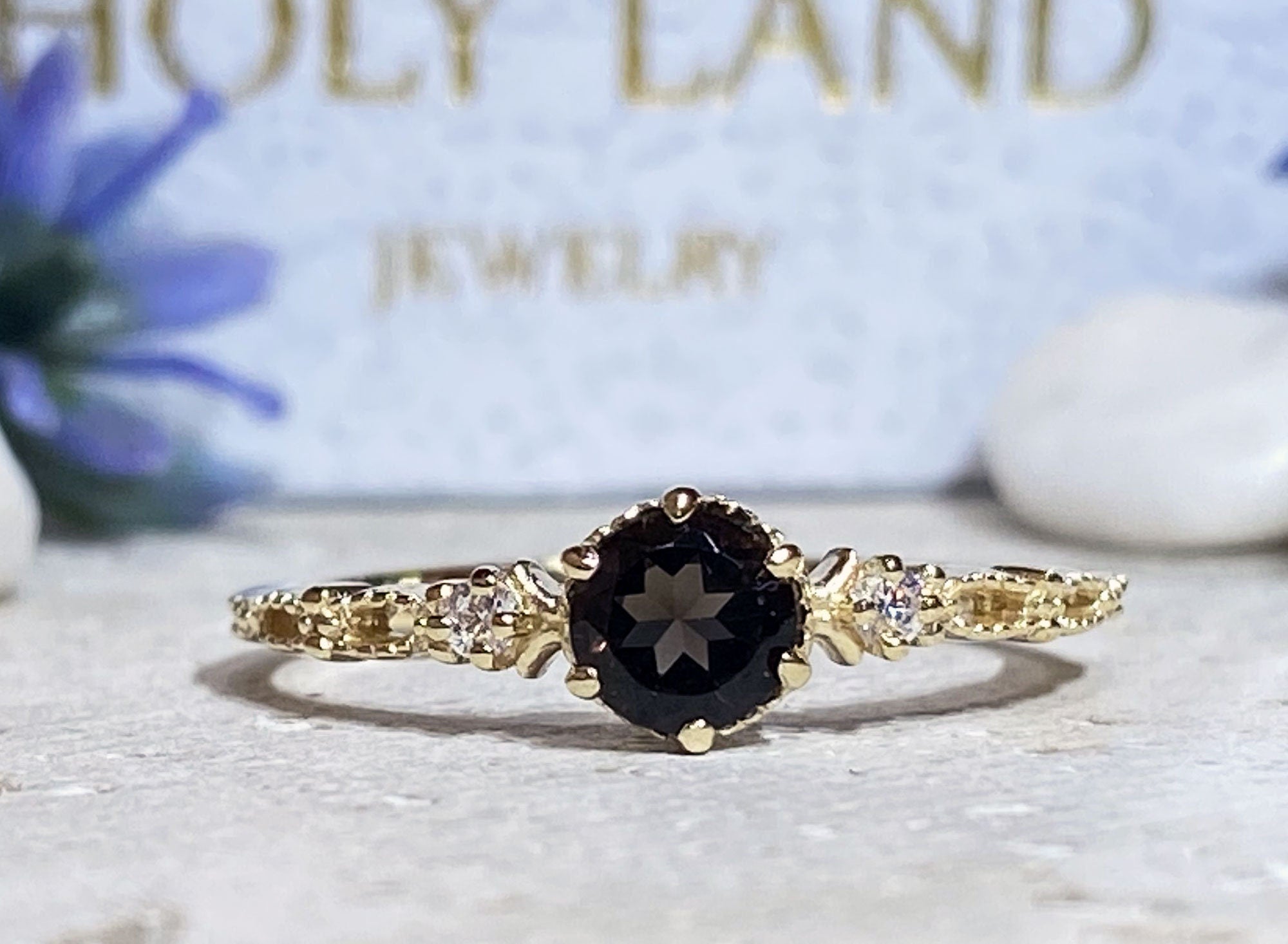 Round Smoky Quartz Delicate Ring with Clear Quartz Accents - H.L.Jewelry