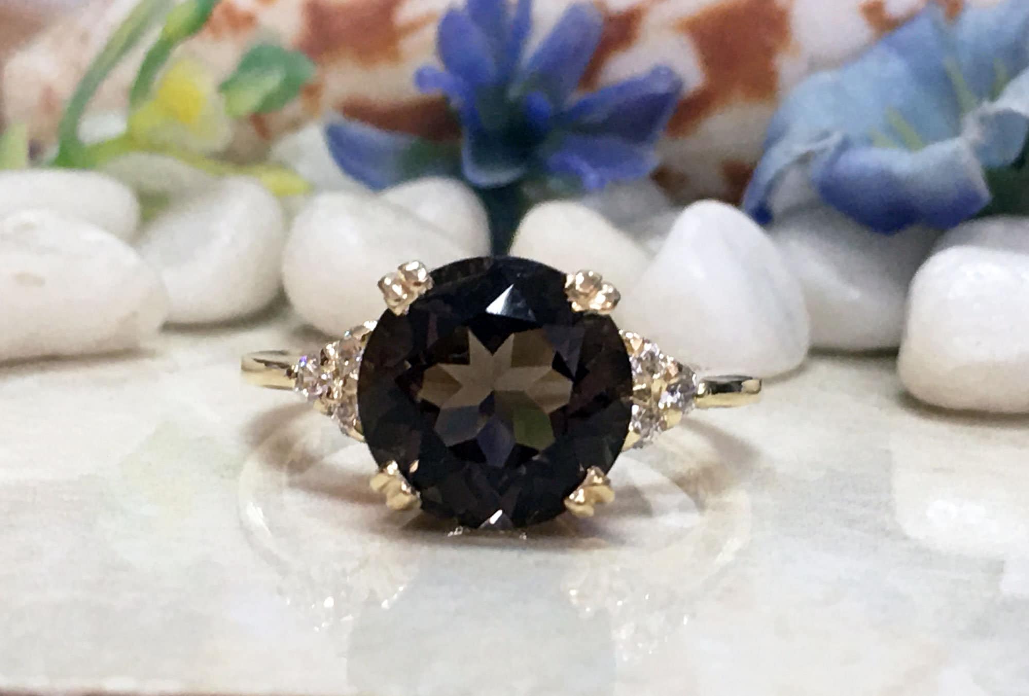 Round Smoky Quartz Engagement Ring with Clear Quartz Accents - H.L.Jewelry