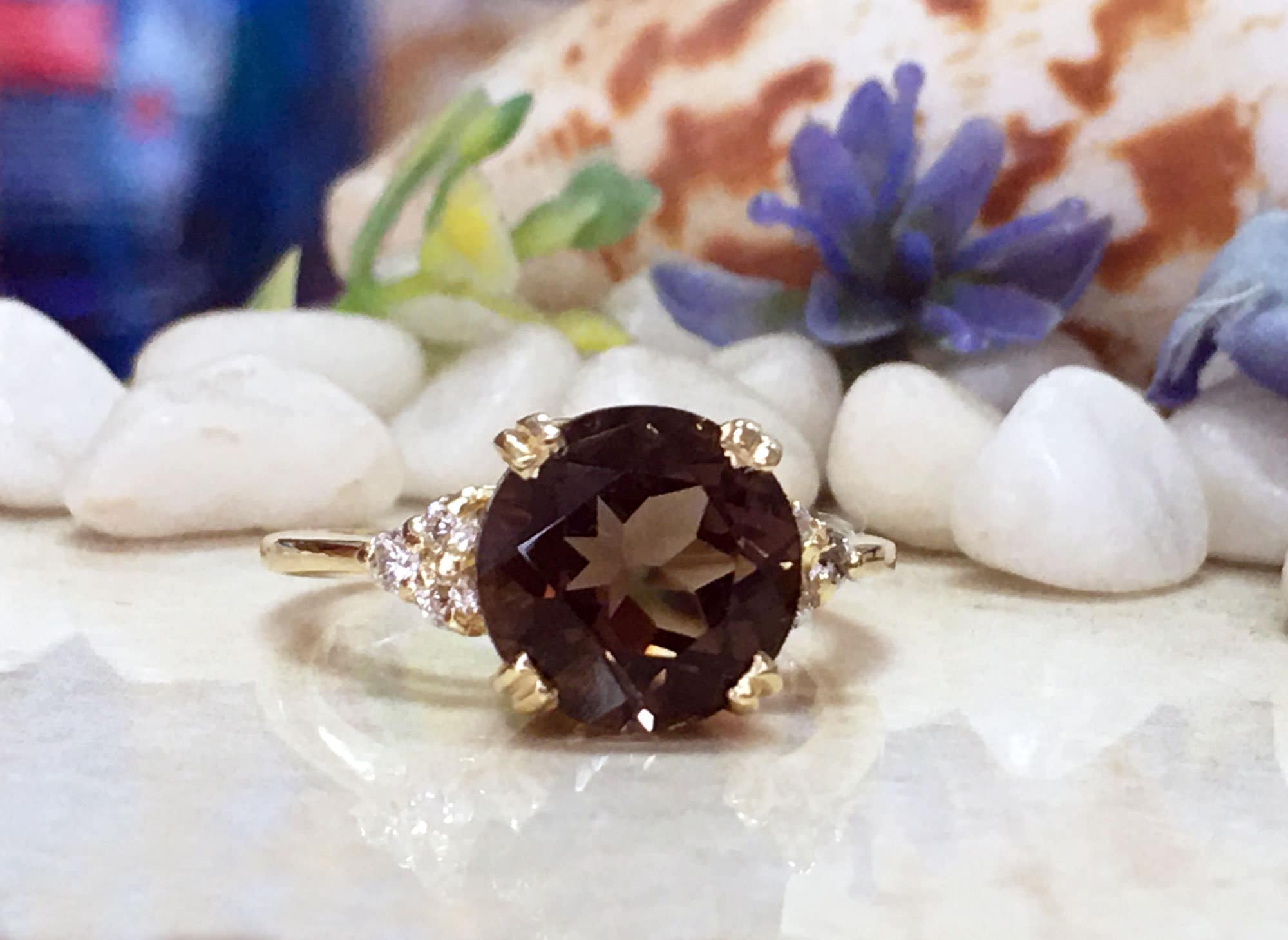 Round Smoky Quartz Engagement Ring with Clear Quartz Accents - H.L.Jewelry