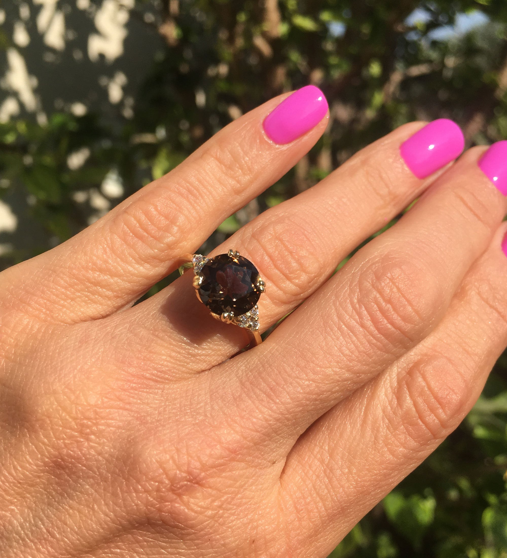 Round Smoky Quartz Engagement Ring with Clear Quartz Accents - H.L.Jewelry