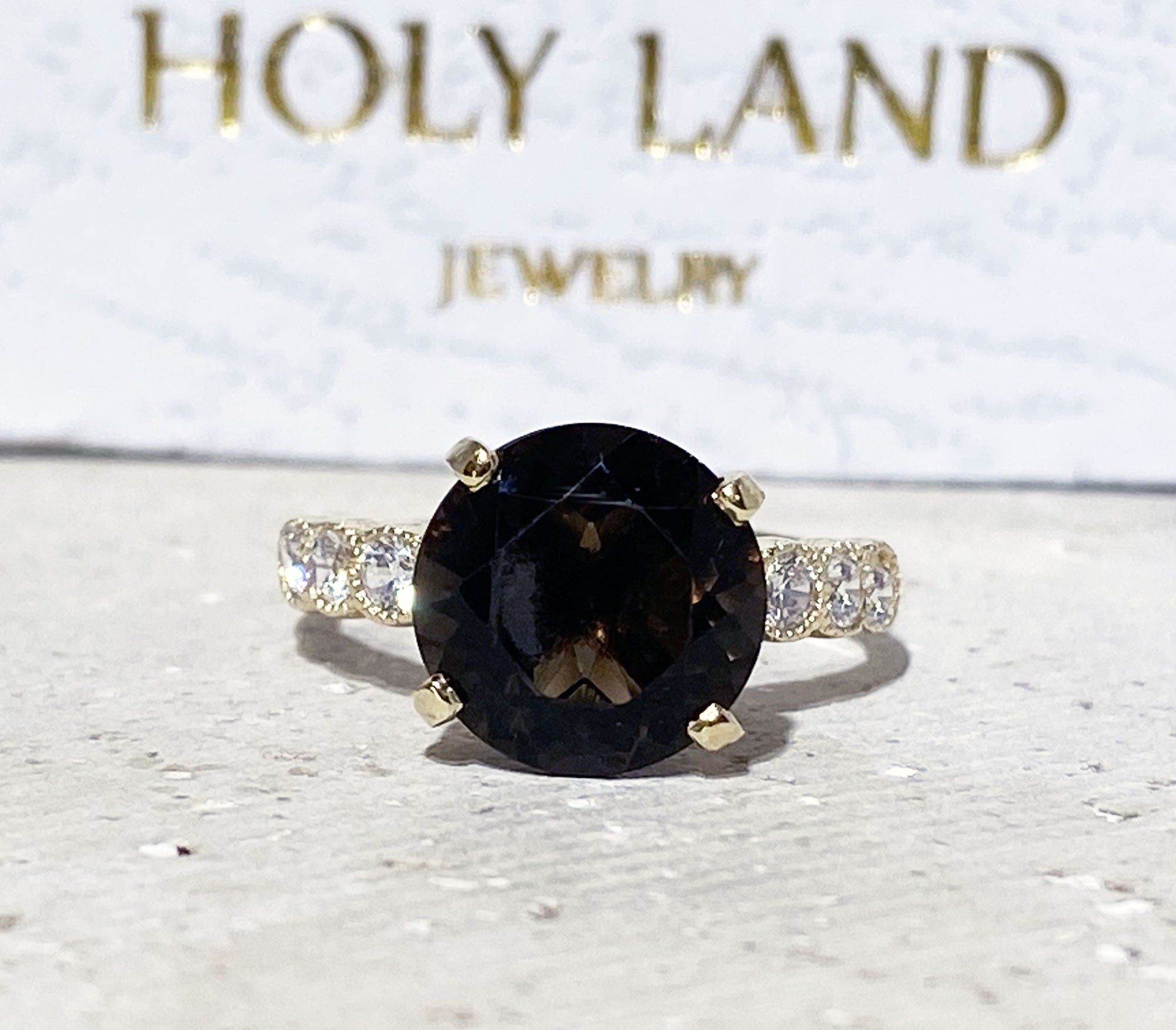 Round Smoky Quartz Engagement Ring with Clear Quartz Accents - H.L.Jewelry