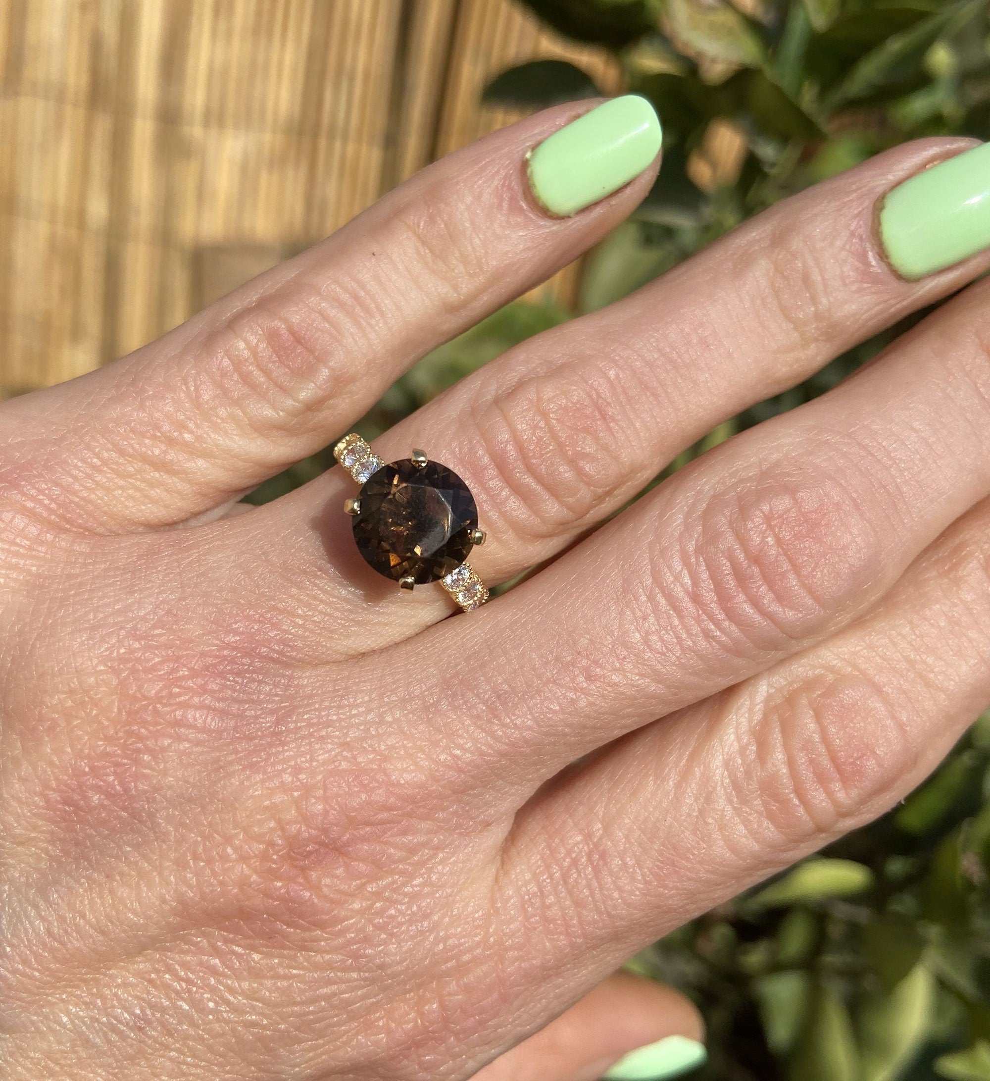 Round Smoky Quartz Engagement Ring with Clear Quartz Accents - H.L.Jewelry