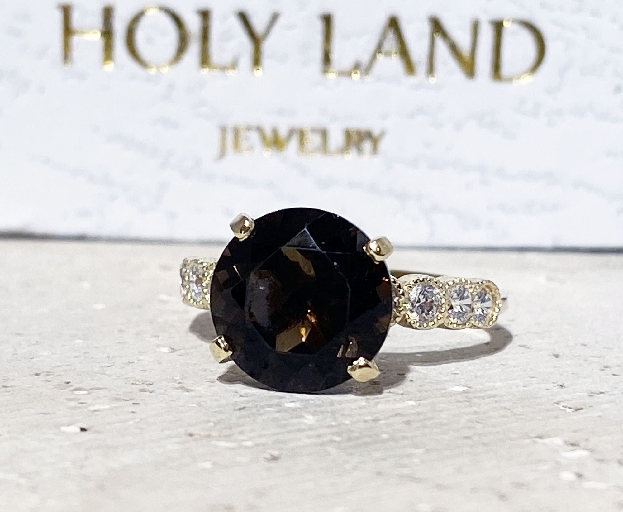 Round Smoky Quartz Engagement Ring with Clear Quartz Accents - H.L.Jewelry