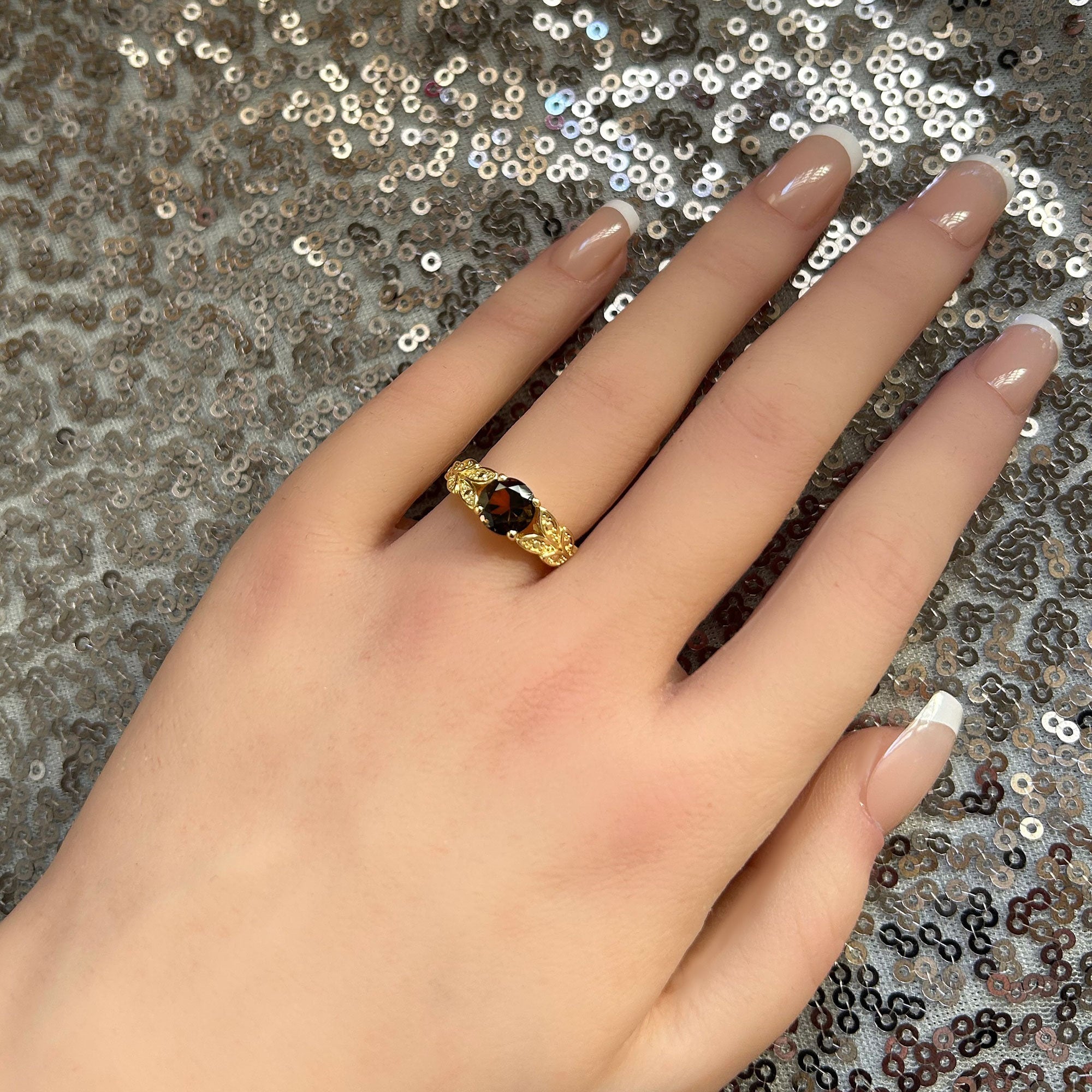 Round Smoky Quartz Leaves Ring - H.L.Jewelry