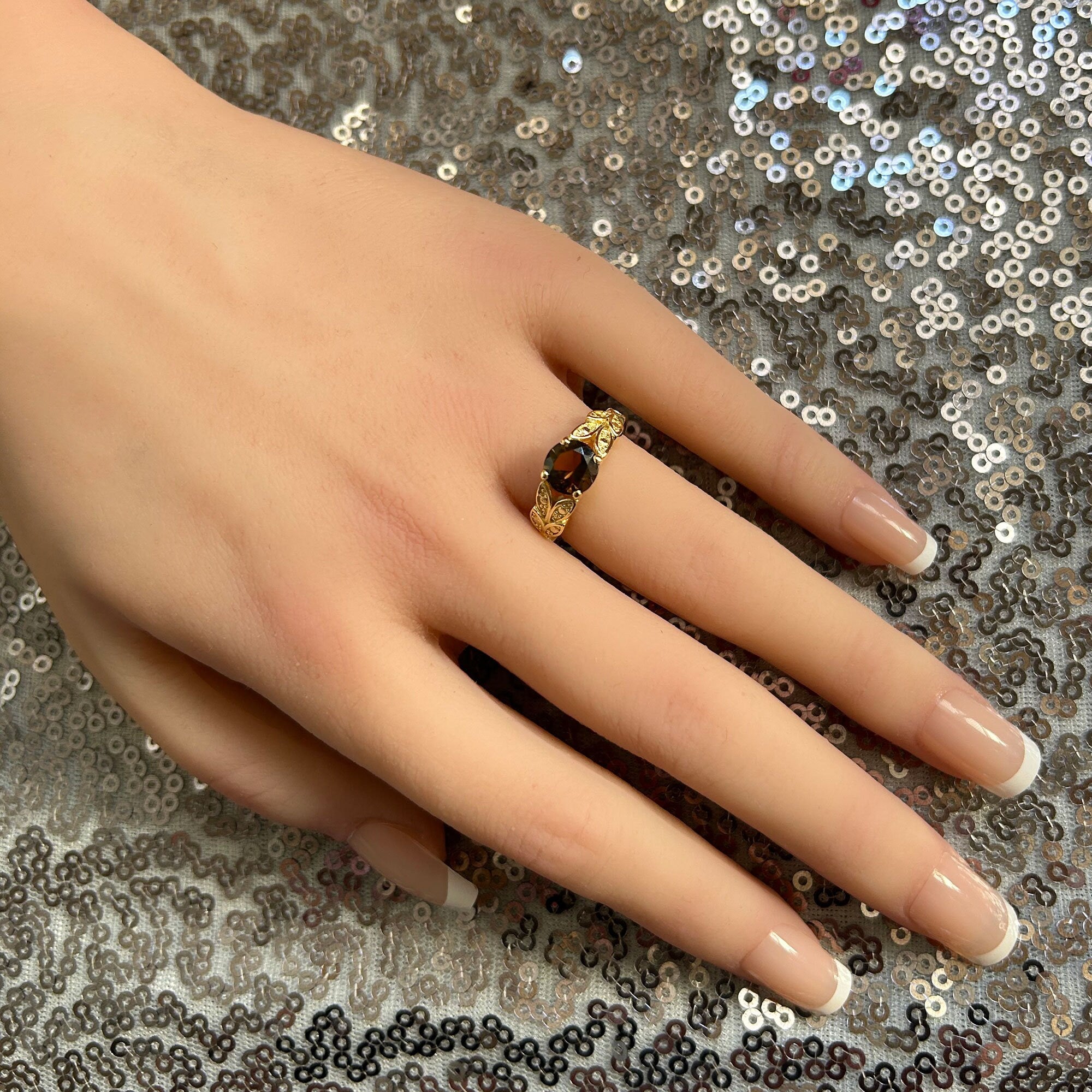 Round Smoky Quartz Leaves Ring - H.L.Jewelry