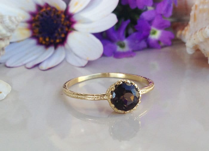 Round Smoky Quartz Simple Hammered Band Ring - H.L.Jewelry