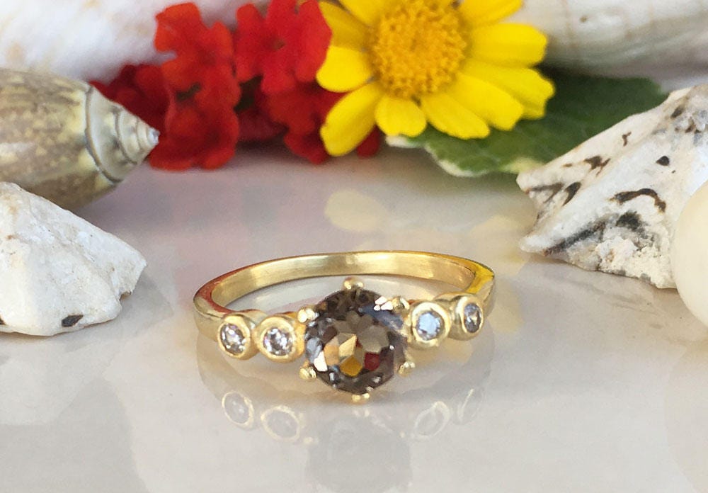 Round Smoky Quartz Simple Ring with Clear Quartz Accents - H.L.Jewelry