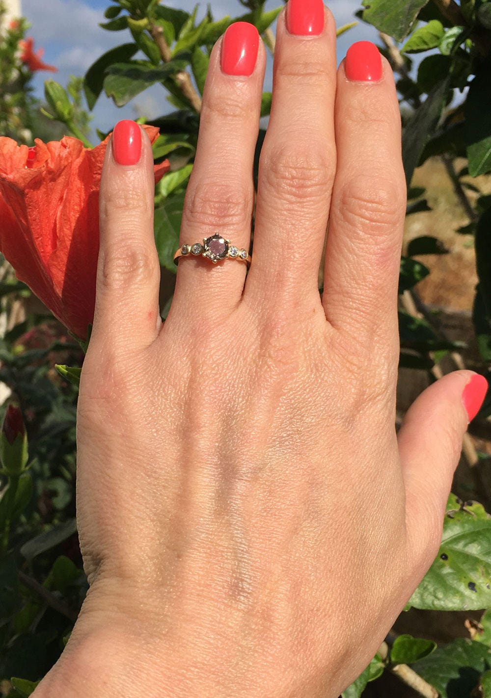 Round Smoky Quartz Simple Ring with Clear Quartz Accents - H.L.Jewelry