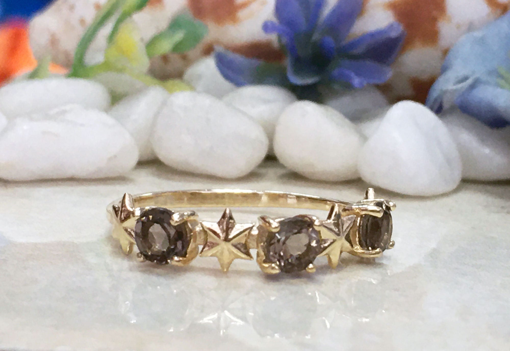 Round Smoky Quartz Three-Stone Ring with Star Accents - H.L.Jewelry